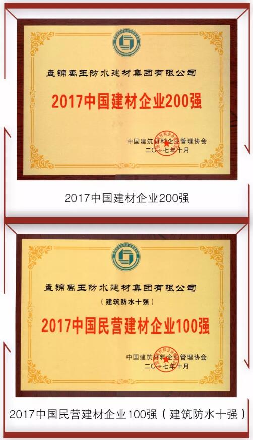 防水材料品牌榮譽|禹王集團榮獲中國建材企業200強等